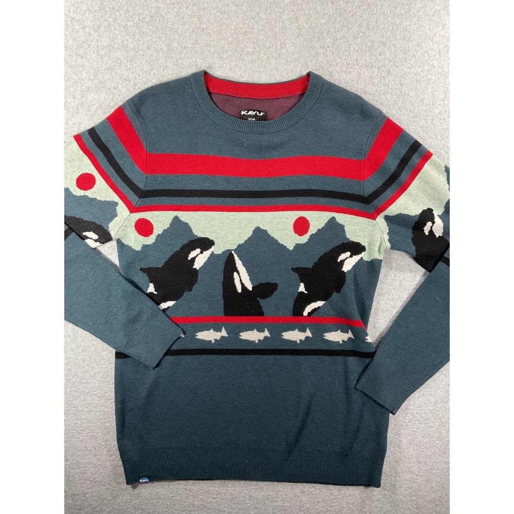 KAVU Mens Orca Whale Mountain Intarsia Knit Sweater Arapahoe Basin Medium #1311
